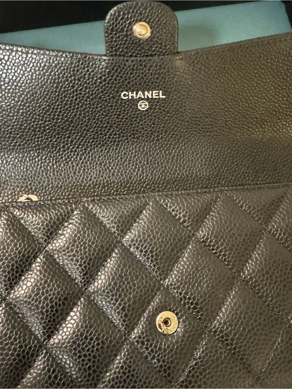 CHANEL Black Quilted Caviar Leather Wallet with Gold CC Lock